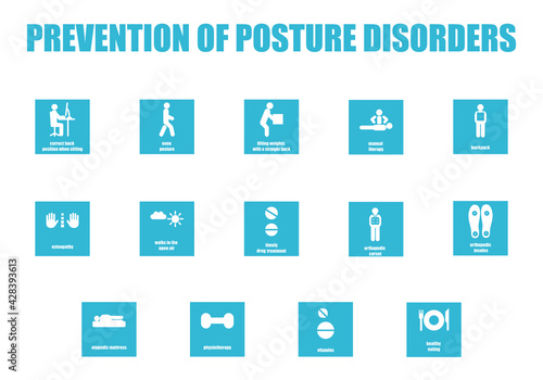 Scoliosis treatment. A set of icons on the topic of prevention of posture disorders. Medical infographics on how to correct curvature of the spine.