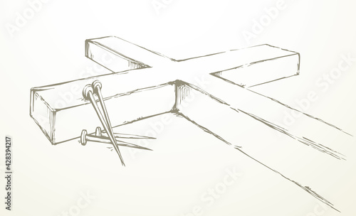 Wooden cross and iron nails. Vector drawing