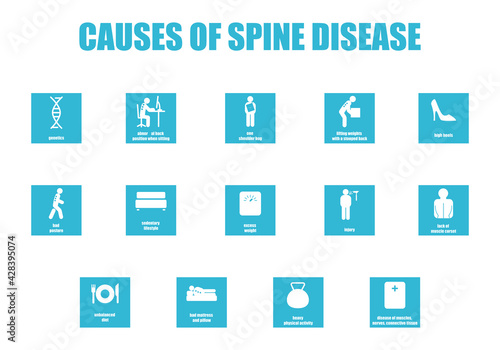 Causes of the spine disease. A set of icons on the topic of posture disorders. Medical infographics on the topic of scoliosis, lordosis, kyphosis