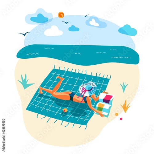 Young woman rest on seacoast lying on plaid blanket reading book or looking fashion magazine. Summer relaxation, seasonal vacation on tropical resort or river bank. Beach holiday lettering. Vector.