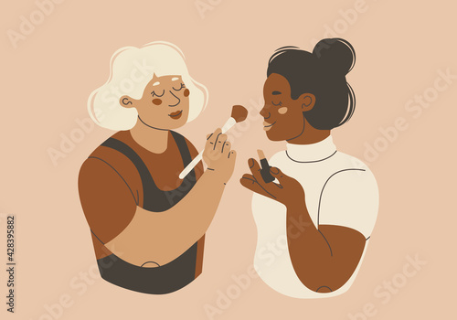 Makeup artist illustration. Two young women doing makeup or learning to self-make up. Visagiste at work. Beauty salon. Vector illustration in flat trending style pastel colors.