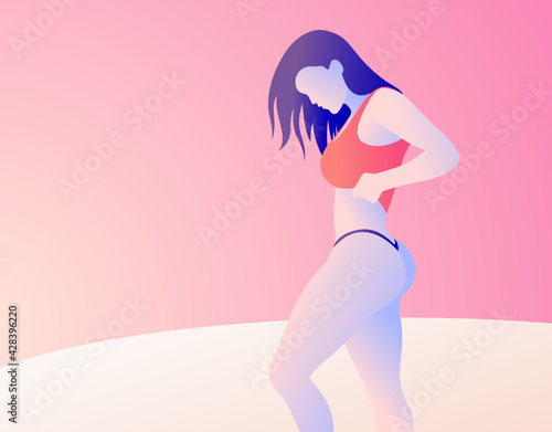 Beautiful girl model in beautiful tiny underwear posing photoshoot at the beach horizon