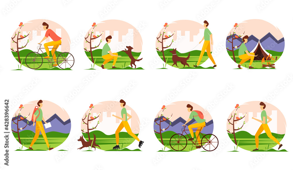 Fototapeta premium Young man doing different outdoor activities: running, rollerblading, walking and playing with the dog, traveling, cycling. Spring activities set.