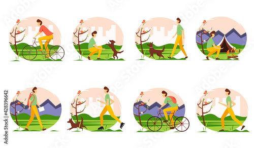 Young man doing different outdoor activities: running, rollerblading, walking and playing with the dog, traveling, cycling.  Spring activities set. © Uliana Rom