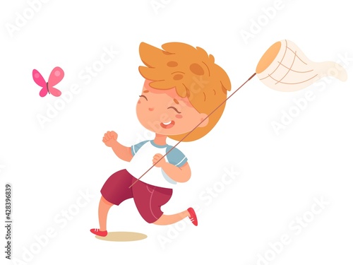 Cute kid catching butterfly in net. Boy capturing bug in nature. Fun childhood vector illustration. Playing time.