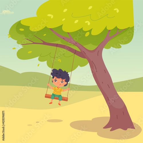 Cute little kid on swing in park. Happy boy riding on swings hanging from tree. Child playing in playground in summer holidays. Outdoor childhood games vector illustration