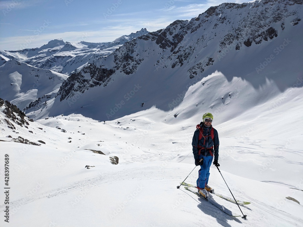Freeride in powder snow in the murtschen valley above Elm. Big mountains in Switzerland. Ski touring mountaineering