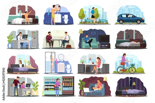Daily routine of young man and woman. Girl and boy waking up, showering, eating breakfast, commute to work, working in office, shopping in store, leisure, sleeping. Schedule vector illustration.