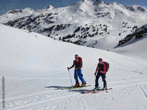 Ski tours in the Glarus region. Pure winter landscape with the ascent trail and blue sky. Winter Sport. mountaineering photo