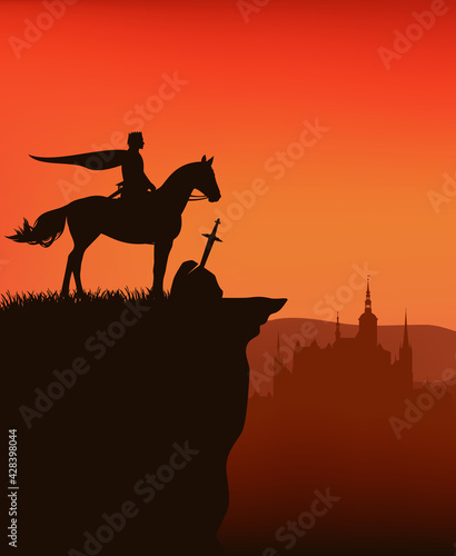 king arthur, legendary excalibur sword in stone and castle silhouette in the background - fairy tale sunset scene vector illustration