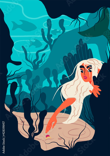 Mermaid on Bottom of the Ocean Reaching Out Hand for Ring Rested on Sand Vector Illustration