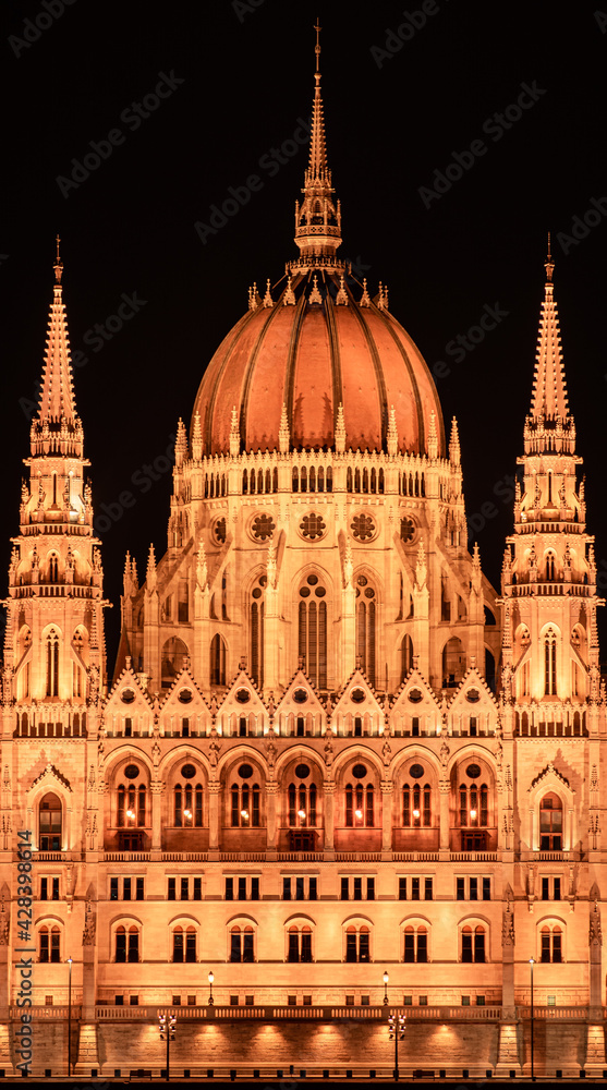 Hungary, Budapest at night, the central part of the parliament building is lit with lights