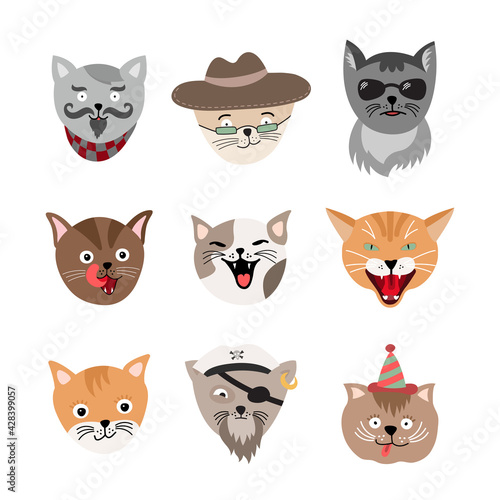 Collection of cute Funny cat faces vector illustration