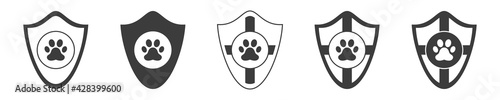 Pet health insurance icons set. Pet protection concept. Dog or cat paw print. Vector illustration