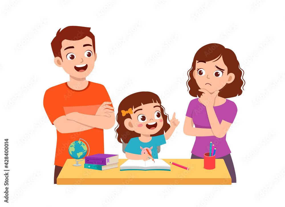 cute little girl study with mother and father at home together cute little girl study with mother and father at home together