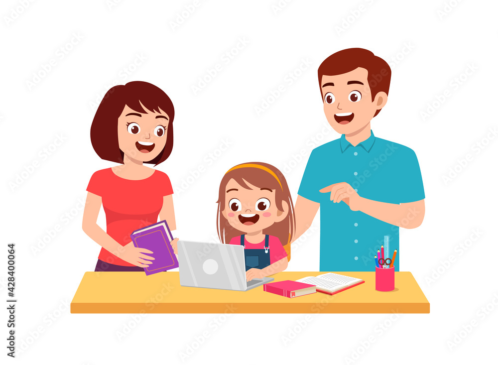 cute little girl study with mother and father at home together