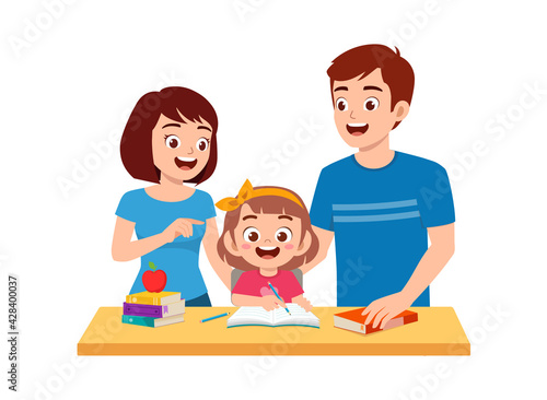 cute little girl study with mother and father at home together