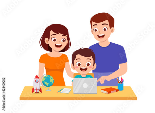 cute little boy study with mother and father at home together