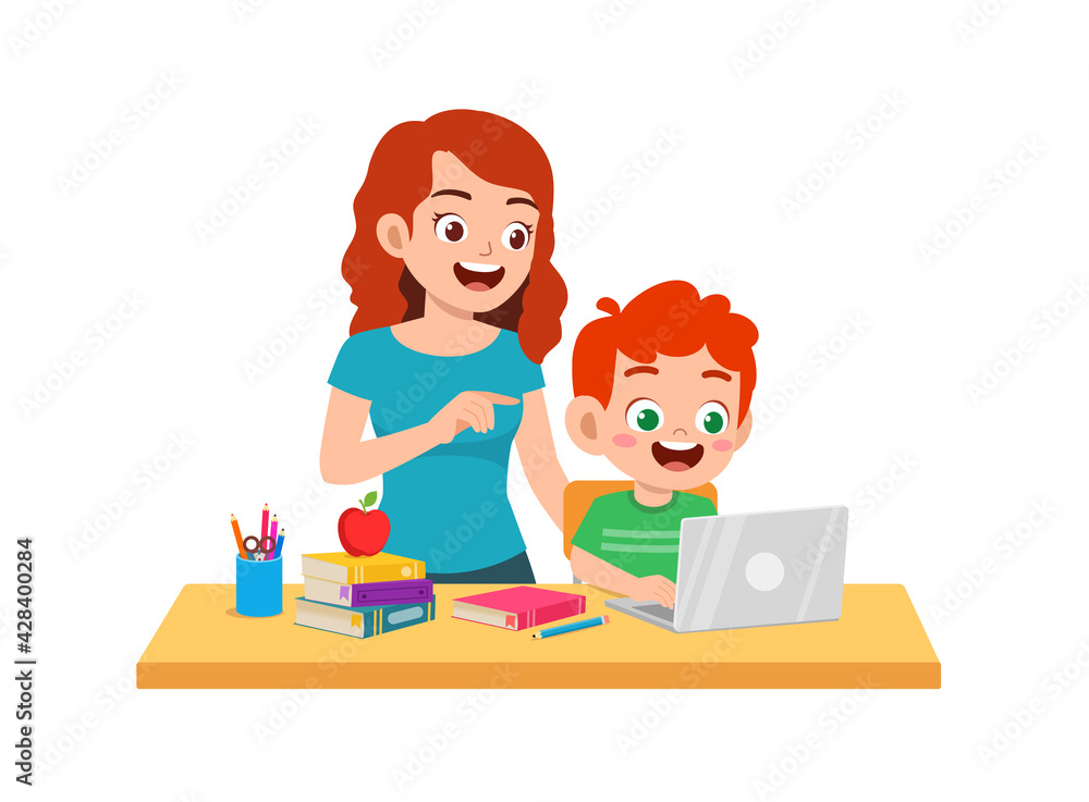 cute little boy study with mother at home together
