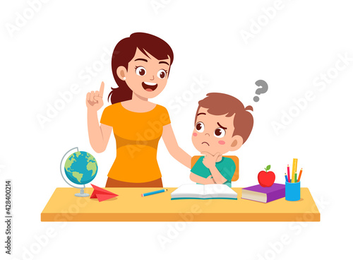 cute little boy study with mother at home together