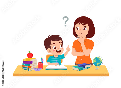 cute little boy study with mother at home together