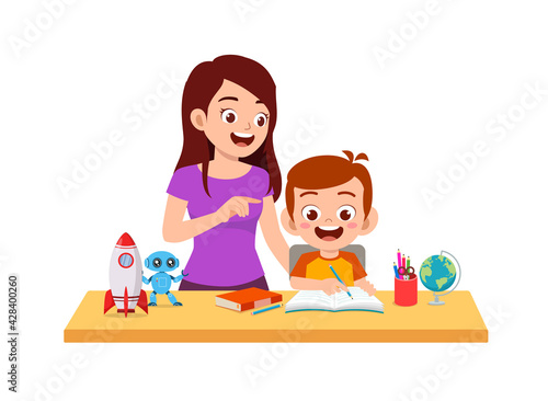 cute little boy study with mother at home together