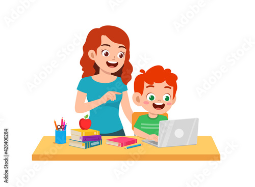 cute little boy study with mother at home together