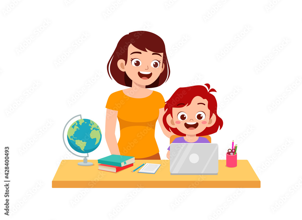 cute little girl study with mother at home together
