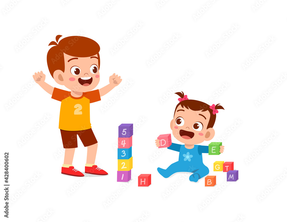 cute little boy play with baby sibling together cute little boy play with baby sibling together