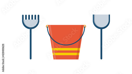 Toys for sandbox. Baby bucket, rake, scapula. Set of equipment for children sensory, motor skills, creativity and imagination development games. Vector illustration.