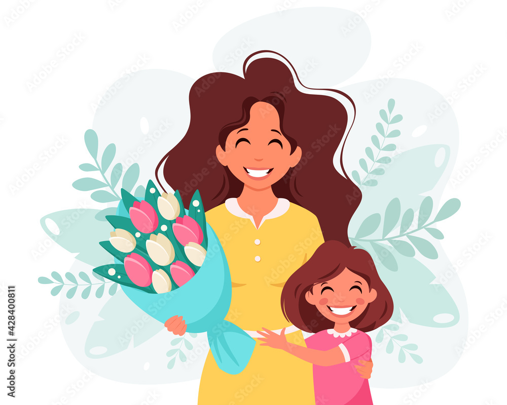 Mother's day greeting card. Woman with bouquet of flowers and daughter. Vector illustration Mother's day greeting card. Woman with bouquet of flowers and daughter. Vector illustration