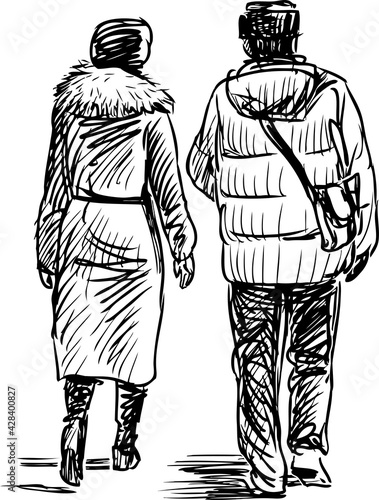 Freehand drawing of couple citizens walking together outdoors