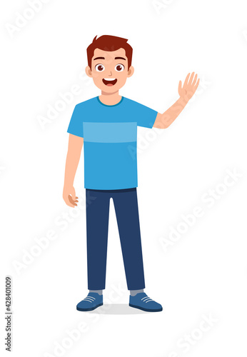 young good looking man doing greet pose and say hi