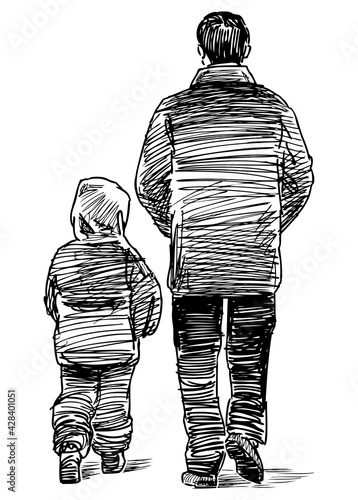 Sketch of a father with his little child walking together outdoors