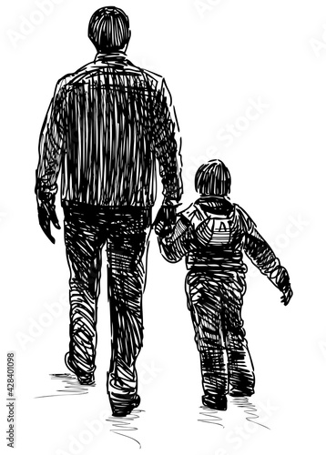 Sketch of a man with his little son walking together along street
