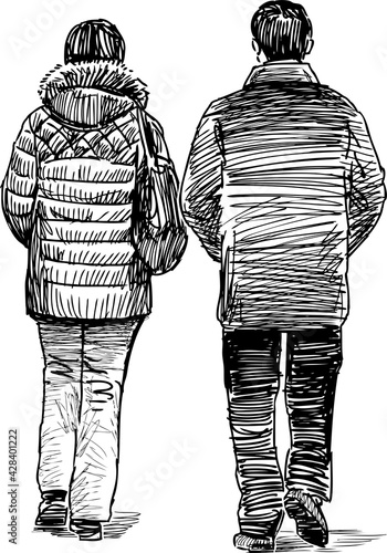 Sketch of couple citizens walking together outdoors
