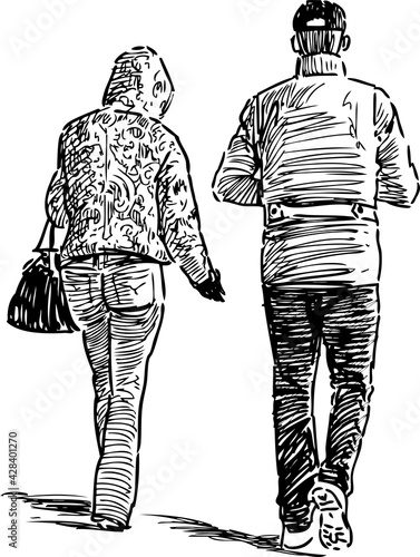 Sketch of couple young townspeople walking together outdoors