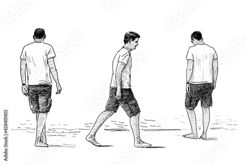 Sketches of young men strolling barefoot on seashore