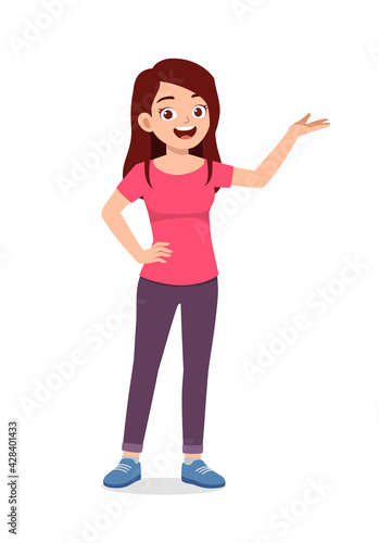 young good looking woman doing greet pose and say hi