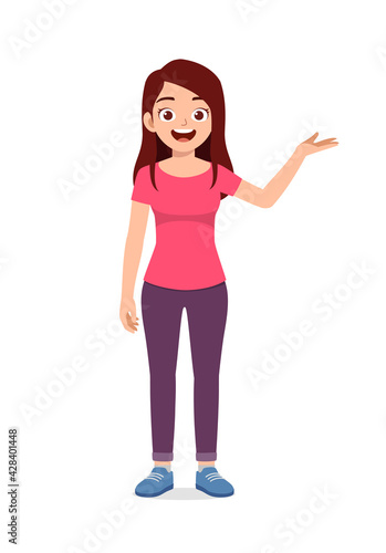 young good looking woman doing greet pose and say hi