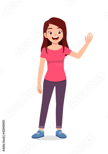 young good looking woman doing greet pose and say hi