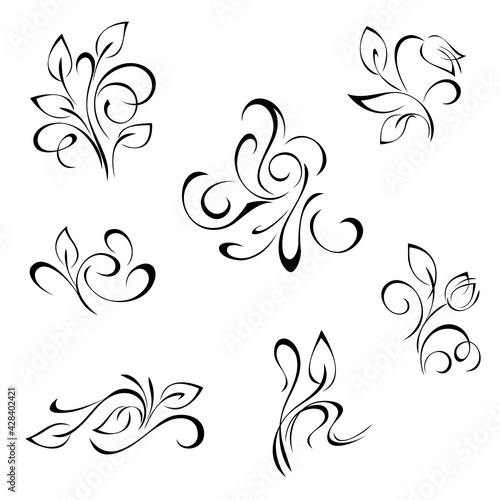 floral ornament 8. SET. set of decorative elements with leaves and curls in black lines on a white background. SET