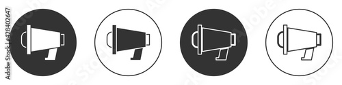 Black Megaphone icon isolated on white background. Speaker sign. Circle button. Vector