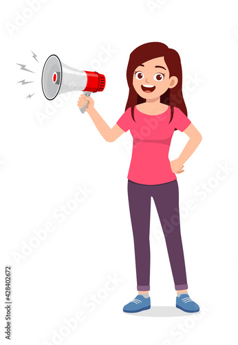 young good looking woman holding megaphone and scream