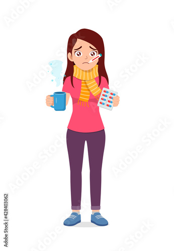 young good looking woman feel sick and take medicine