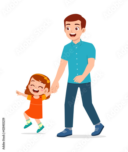 young good looking father holding hand and walk with kid