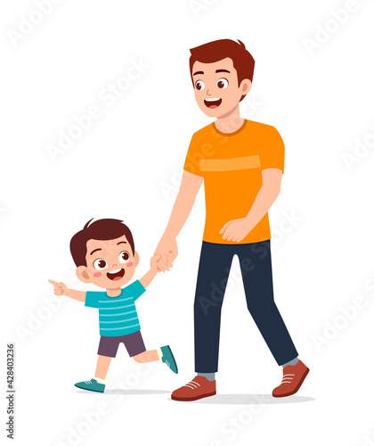 young good looking father holding hand and walk with kid