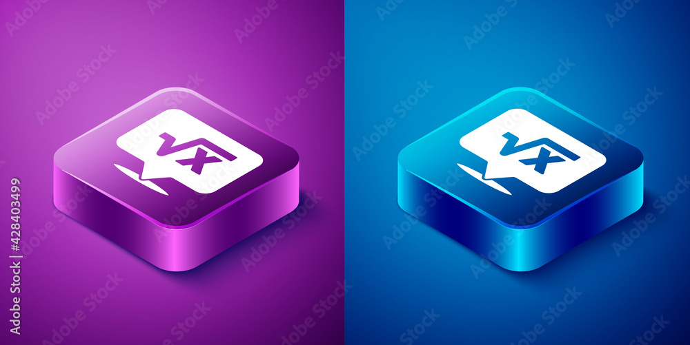 Isometric Square root of x glyph icon isolated on blue and purple background. Mathematical expression. Square button. Vector