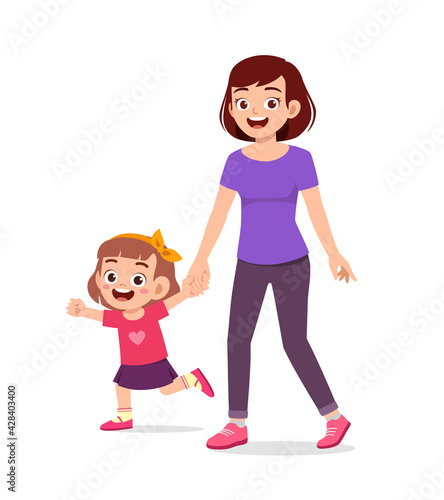 young good looking mother holding hand and walk with kid