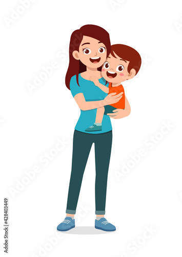 young good looking mother carry cute kid